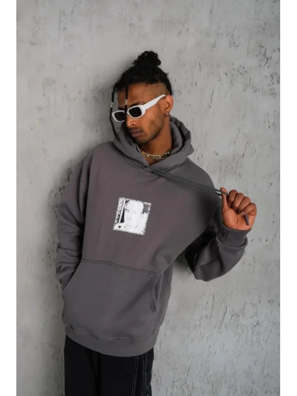 Lushiowear Erkek 3 İplik Pamuklu Kapüşonlu Baskılı Cepli Oversize Sweatshirt Hoodie - Gri