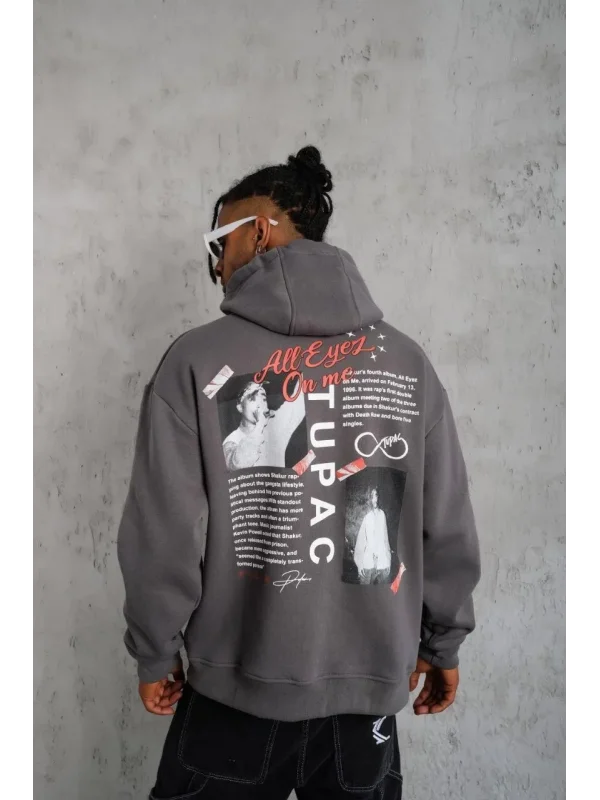 Lushiowear Erkek 3 İplik Pamuklu Kapüşonlu Baskılı Cepli Oversize Sweatshirt Hoodie - Gri