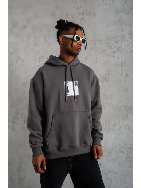 Lushiowear Erkek 3 İplik Pamuklu Kapüşonlu Baskılı Cepli Oversize Sweatshirt Hoodie - Gri