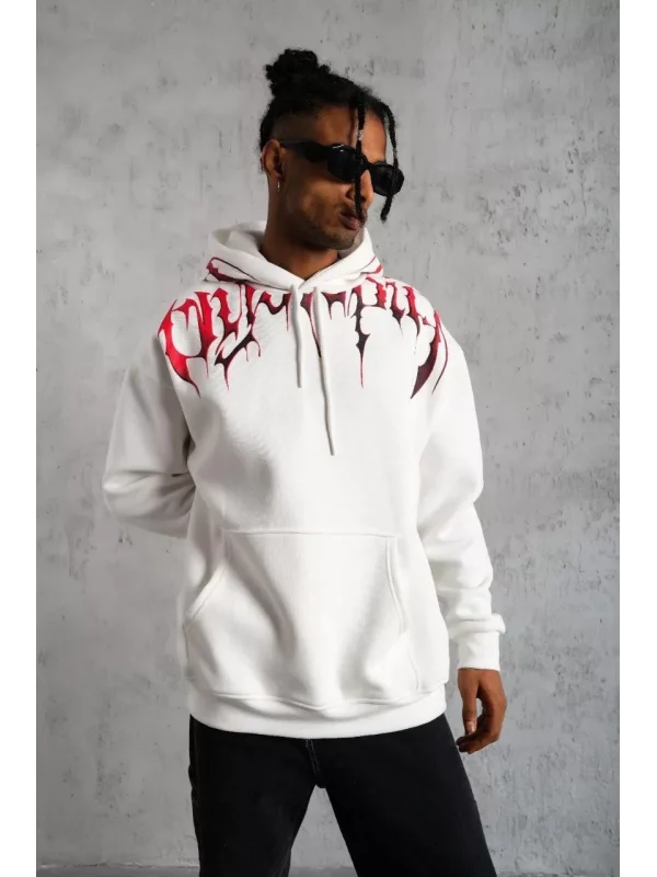 Erkek Ön ve Arka Baskılı Kapüşonlu 3 İplik Sweatshirt - Beyaz