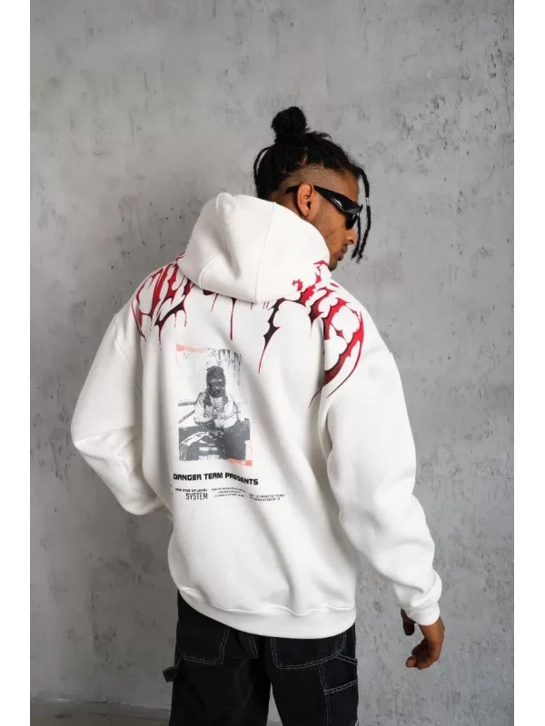 Erkek Ön ve Arka Baskılı Kapüşonlu 3 İplik Sweatshirt - Beyaz