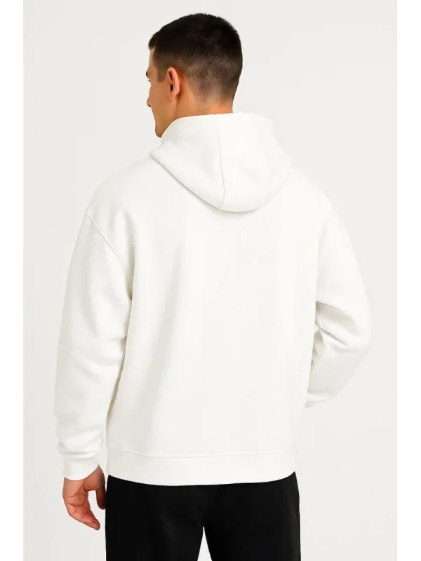 Erkek Ovarsize Kapüşonlu Swetshirt Kanguru Çepli Cıtcıtlı 3 iplik Şardonlu Hoodie - Beyaz