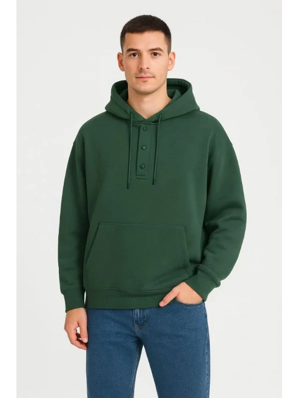 Erkek Ovarsize Kapüşonlu Swetshirt Kanguru Çepli Cıtcıtlı 3 iplik Şardonlu Hoodie - Haki