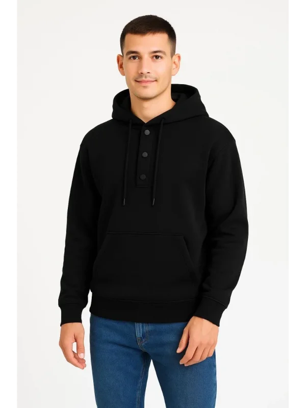 Erkek Ovarsize Kapüşonlu Swetshirt Kanguru Çepli Cıtcıtlı 3 iplik Şardonlu Hoodie - Siyah