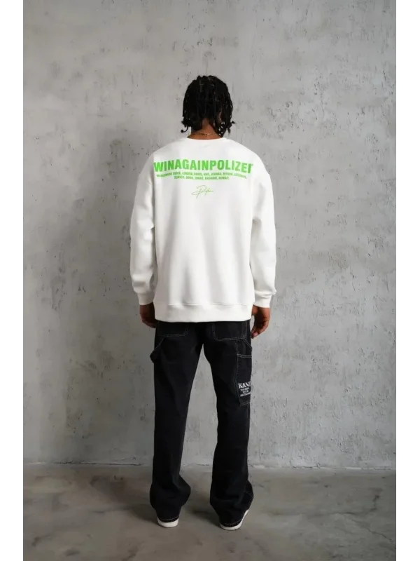 Erkek Oversize Sweatshirt – Beyaz Renk | Ön ve Sırt Baskılı, Üç İplik İçi Pamuklu Kumaş, Rahat Kalıp, Ribanalı Kışlık Sweat | Winagain Polizei Serisi - Beyaz