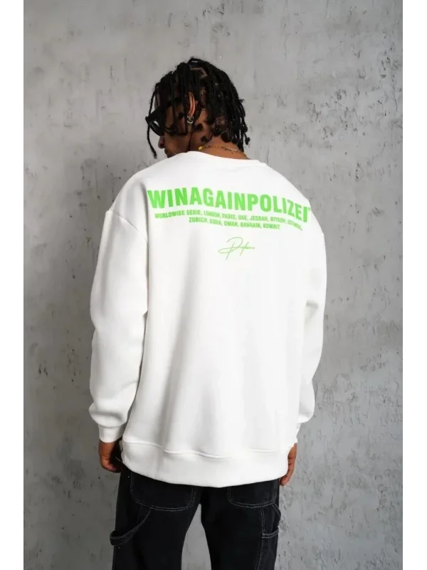 Erkek Oversize Sweatshirt – Beyaz Renk | Ön ve Sırt Baskılı, Üç İplik İçi Pamuklu Kumaş, Rahat Kalıp, Ribanalı Kışlık Sweat | Winagain Polizei Serisi - Beyaz