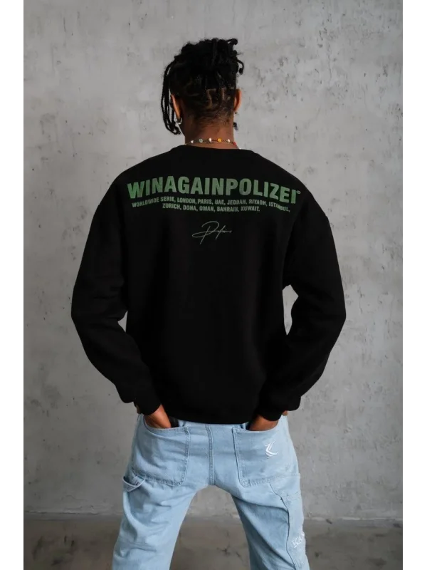 Erkek Oversize Sweatshirt – Siyah Renk | Ön ve Sırt Baskılı, Üç İplik İçi Pamuklu Kumaş, Rahat Kalıp, Ribanalı Kışlık Sweat | Winagain Polizei Serisi - Siyah