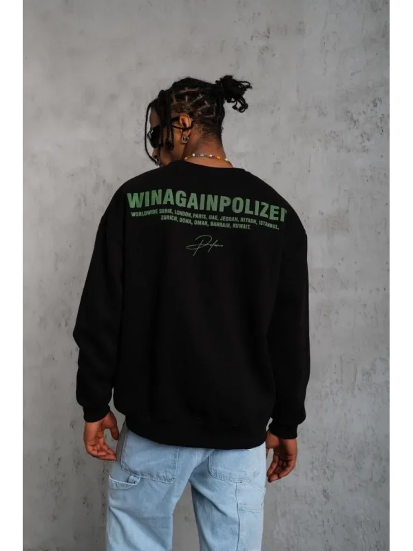 Erkek Oversize Sweatshirt – Siyah Renk | Ön ve Sırt Baskılı, Üç İplik İçi Pamuklu Kumaş, Rahat Kalıp, Ribanalı Kışlık Sweat | Winagain Polizei Serisi - Siyah