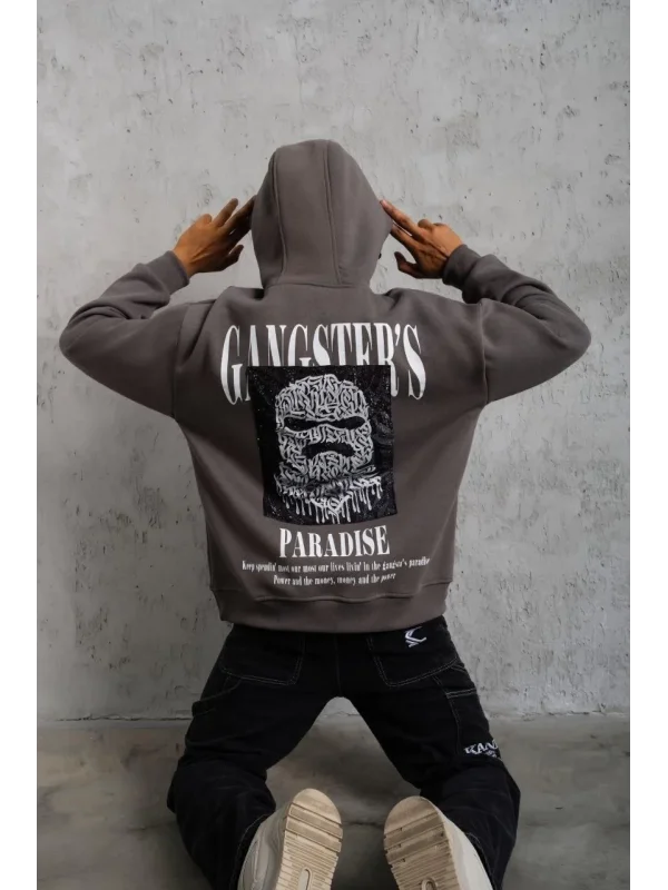 Lushiowear Erkek 3 İplik Pamuklu Baskılı Kapüşonlu Cepli Sweatshirt Hoodie - Gri