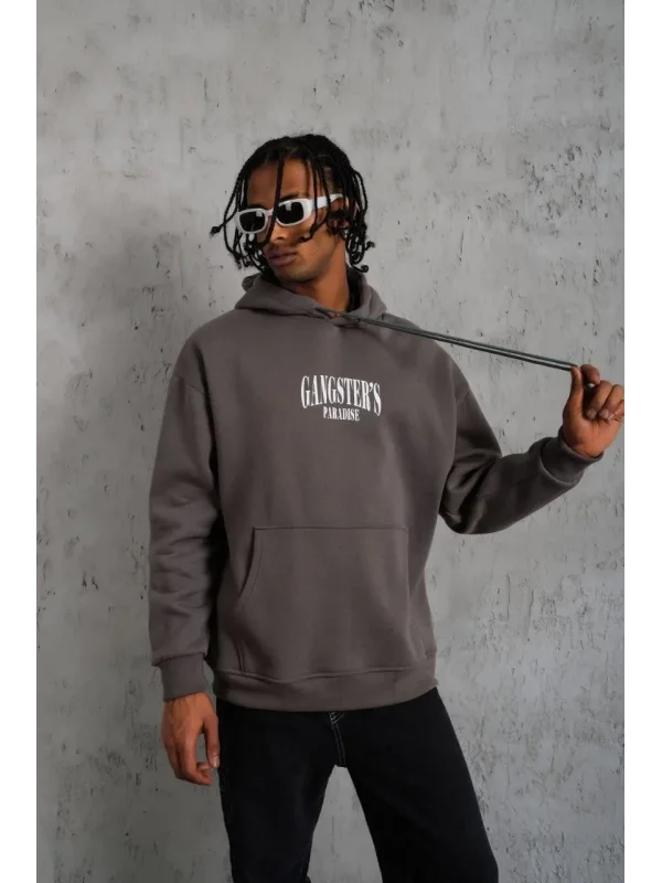 Lushiowear Erkek 3 İplik Pamuklu Baskılı Kapüşonlu Cepli Sweatshirt Hoodie - Gri