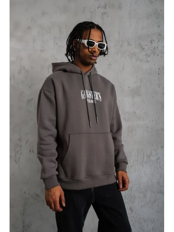 Lushiowear Erkek 3 İplik Pamuklu Baskılı Kapüşonlu Cepli Sweatshirt Hoodie - Gri