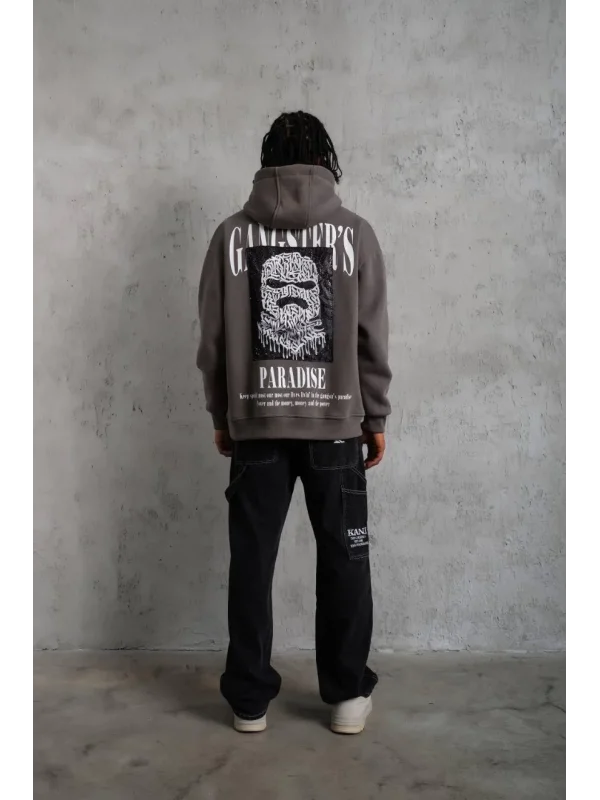 Lushiowear Erkek 3 İplik Pamuklu Baskılı Kapüşonlu Cepli Sweatshirt Hoodie - Gri