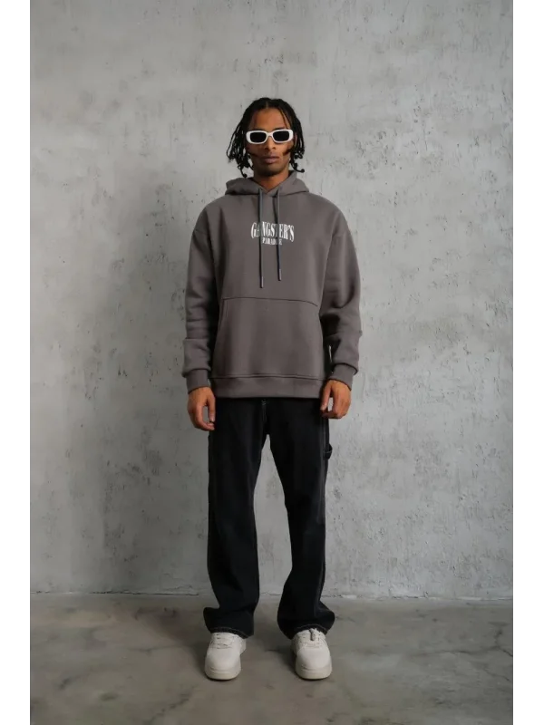 Lushiowear Erkek 3 İplik Pamuklu Baskılı Kapüşonlu Cepli Sweatshirt Hoodie - Gri