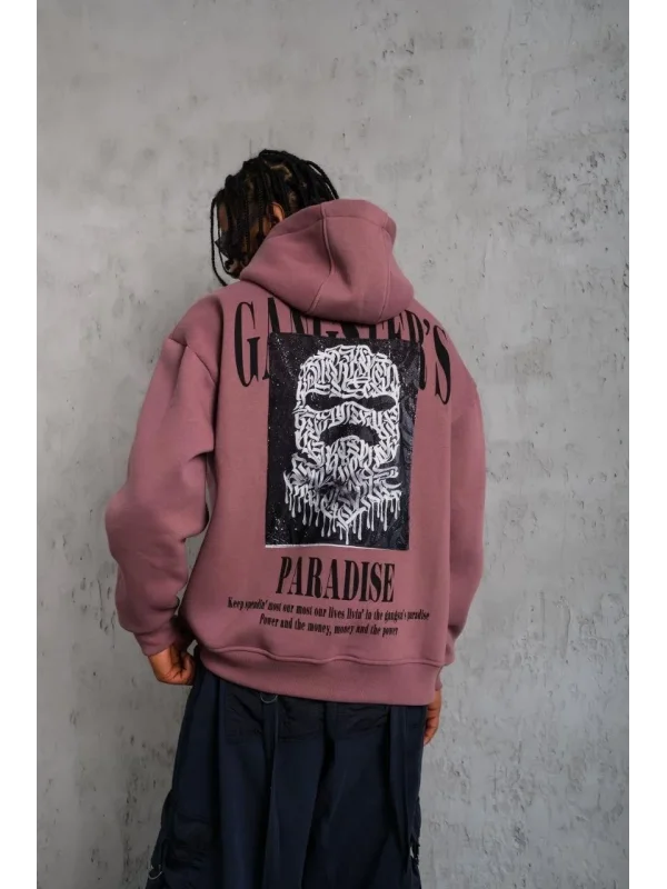 Lushiowear Erkek 3 İplik Pamuklu Kapüşonlu Baskılı Cepli Oversize Sweatshirt Hoodie - Gül Kurusu