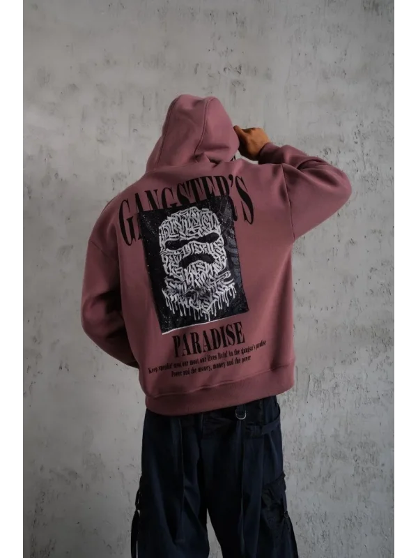 Lushiowear Erkek 3 İplik Pamuklu Kapüşonlu Baskılı Cepli Oversize Sweatshirt Hoodie - Gül Kurusu