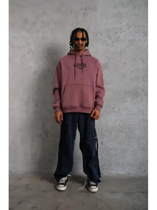 Lushiowear Erkek 3 İplik Pamuklu Kapüşonlu Baskılı Cepli Oversize Sweatshirt Hoodie - Gül Kurusu