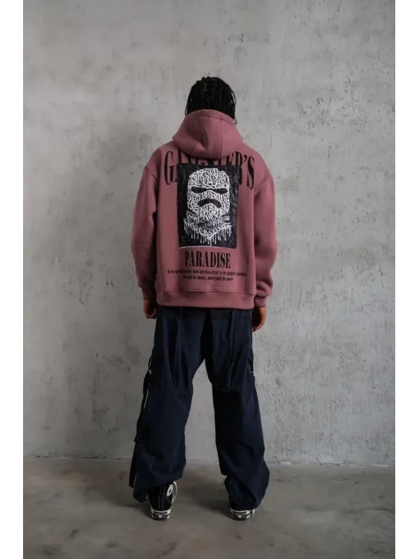 Lushiowear Erkek 3 İplik Pamuklu Kapüşonlu Baskılı Cepli Oversize Sweatshirt Hoodie - Gül Kurusu