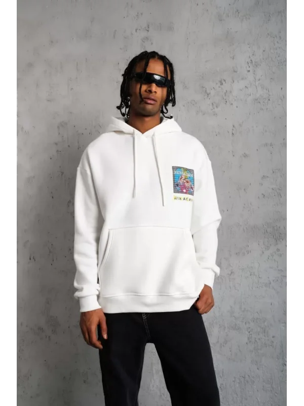 Erkek Patel Six Baskılı Kapüşonlu Sweat - Beyaz