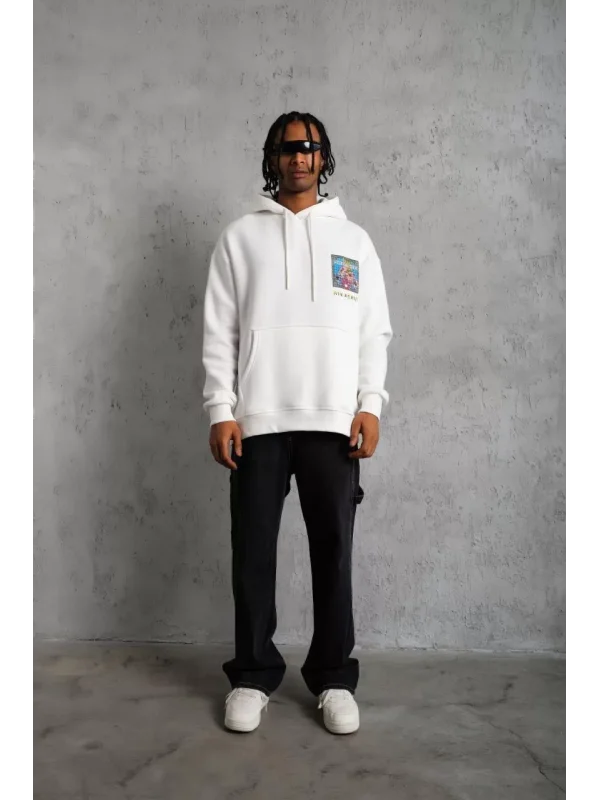 Erkek Patel Six Baskılı Kapüşonlu Sweat - Beyaz