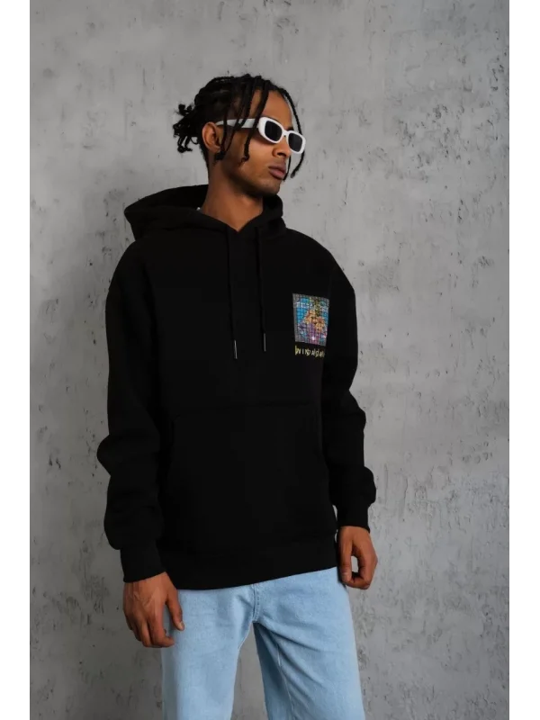 Erkek Patel Six Baskılı Kapüşonlu Sweat - Siyah