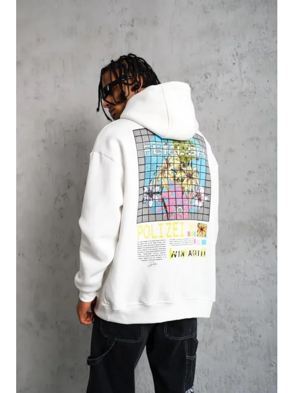 Lushiowear Erkek 3 İplik Pamuklu Kapüşonlu Baskılı Cepli Oversize Sweatshirt Hoodie - Beyaz