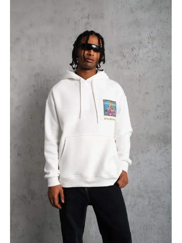 Lushiowear Erkek 3 İplik Pamuklu Kapüşonlu Baskılı Cepli Oversize Sweatshirt Hoodie - Beyaz
