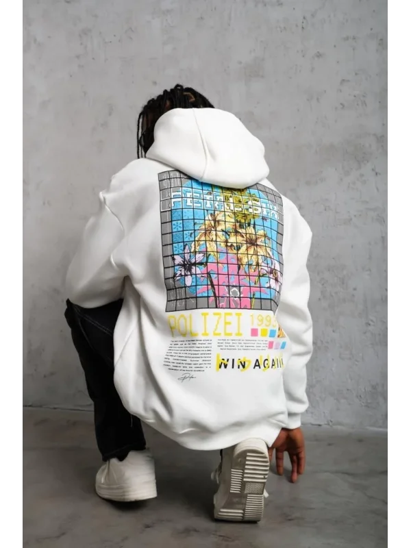 Lushiowear Erkek 3 İplik Pamuklu Kapüşonlu Baskılı Cepli Oversize Sweatshirt Hoodie - Beyaz