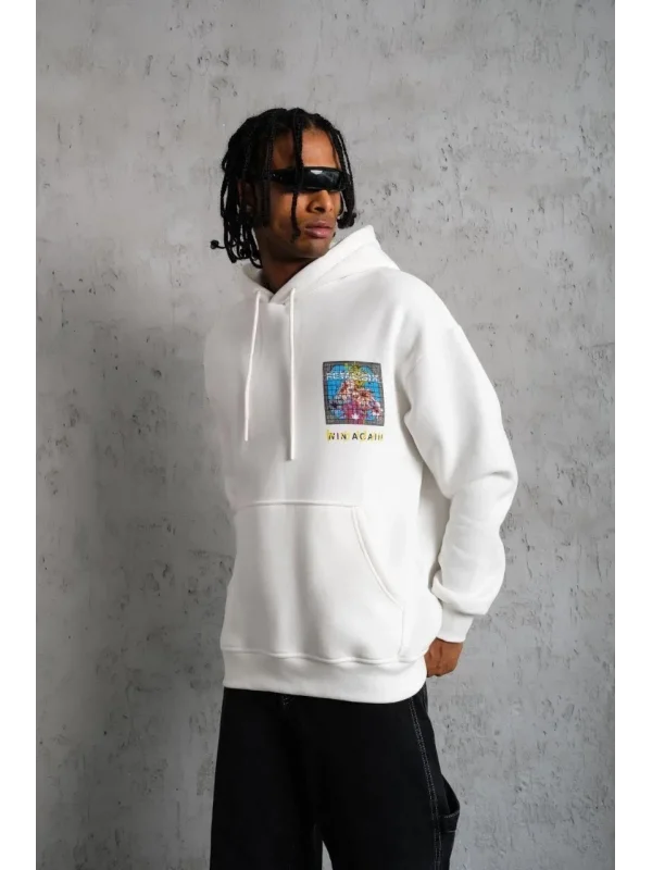 Lushiowear Erkek 3 İplik Pamuklu Kapüşonlu Baskılı Cepli Oversize Sweatshirt Hoodie - Beyaz