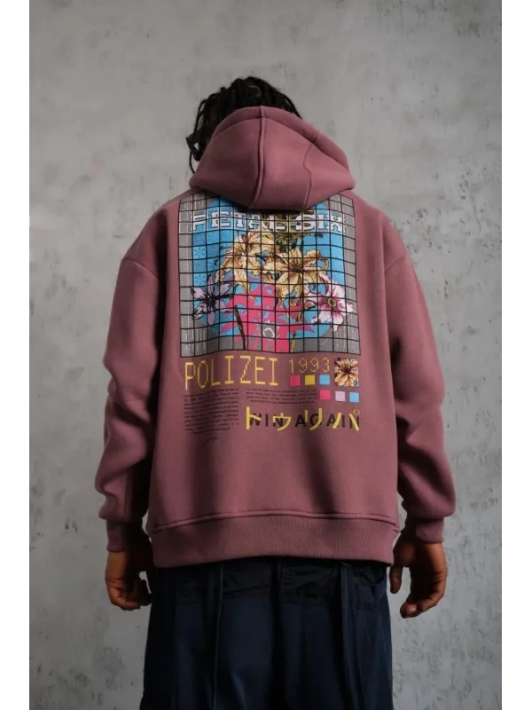 Lushiowear Erkek 3 İplik Pamuklu Kapüşonlu Baskılı Cepli Oversize Sweatshirt Hoodie - Gül Kurusu