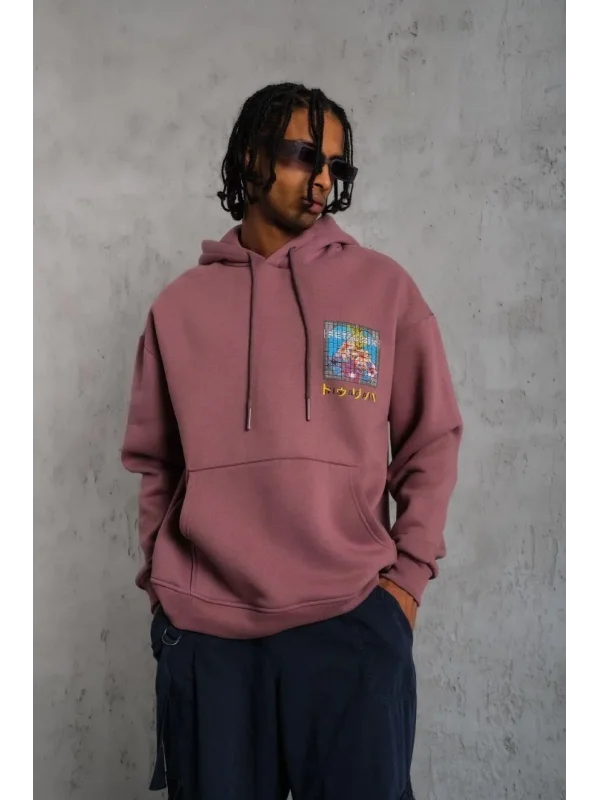 Lushiowear Erkek 3 İplik Pamuklu Kapüşonlu Baskılı Cepli Oversize Sweatshirt Hoodie - Gül Kurusu