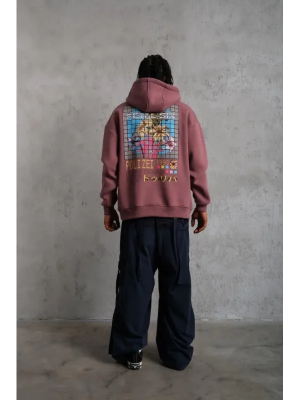 Lushiowear Erkek 3 İplik Pamuklu Kapüşonlu Baskılı Cepli Oversize Sweatshirt Hoodie - Gül Kurusu