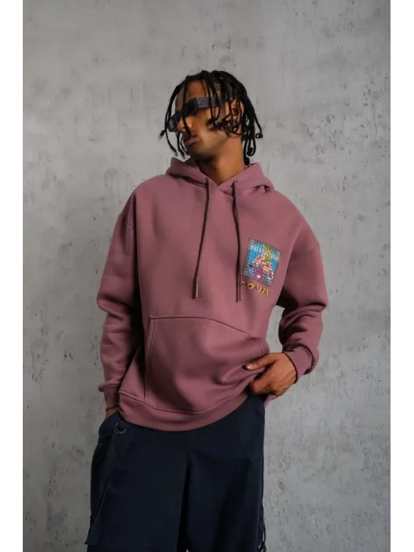 Lushiowear Erkek 3 İplik Pamuklu Kapüşonlu Baskılı Cepli Oversize Sweatshirt Hoodie - Gül Kurusu