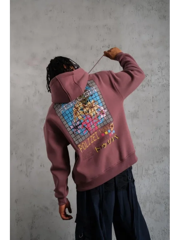 Lushiowear Erkek 3 İplik Pamuklu Kapüşonlu Baskılı Cepli Oversize Sweatshirt Hoodie - Gül Kurusu