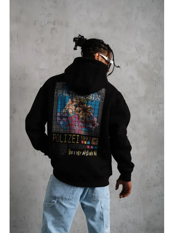 Lushiowear Erkek 3 İplik Pamuklu Kapüşonlu Baskılı Cepli Oversize Sweatshirt Hoodie - Siyah