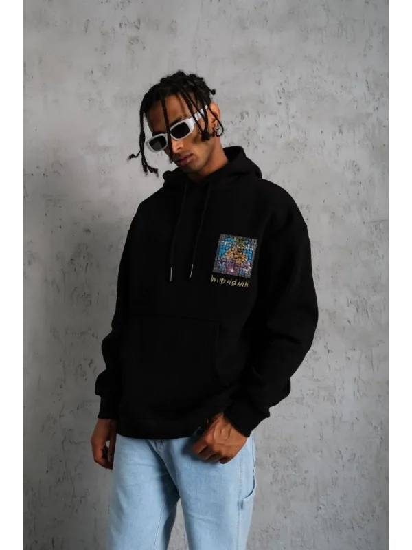 Lushiowear Erkek 3 İplik Pamuklu Kapüşonlu Baskılı Cepli Oversize Sweatshirt Hoodie - Siyah