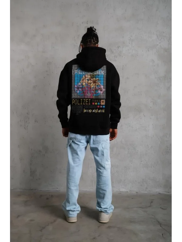 Lushiowear Erkek 3 İplik Pamuklu Kapüşonlu Baskılı Cepli Oversize Sweatshirt Hoodie - Siyah
