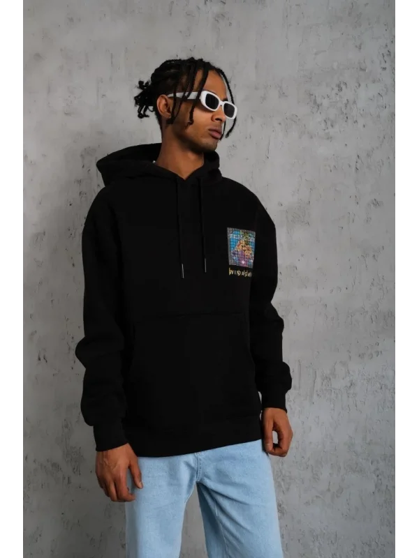 Lushiowear Erkek 3 İplik Pamuklu Kapüşonlu Baskılı Cepli Oversize Sweatshirt Hoodie - Siyah
