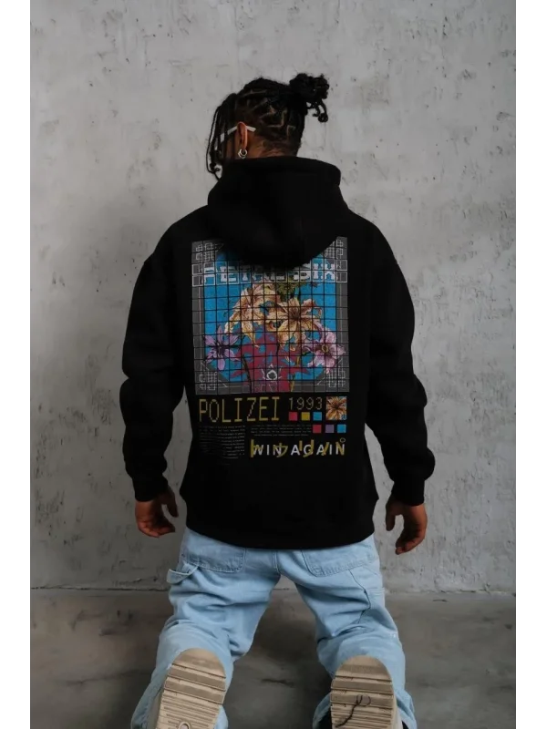 Lushiowear Erkek 3 İplik Pamuklu Kapüşonlu Baskılı Cepli Oversize Sweatshirt Hoodie - Siyah