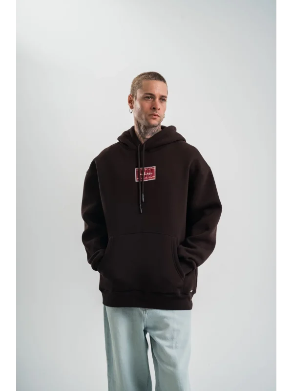 Erkek Premium Nakışlı Kapşonlu Sweatshirt Double Oversize Üç İplik Pamuklu - Siyah