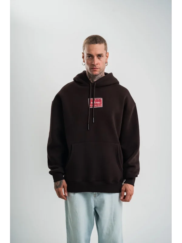 Erkek Premium Nakışlı Kapşonlu Sweatshirt Double Oversize Üç İplik Pamuklu - Siyah