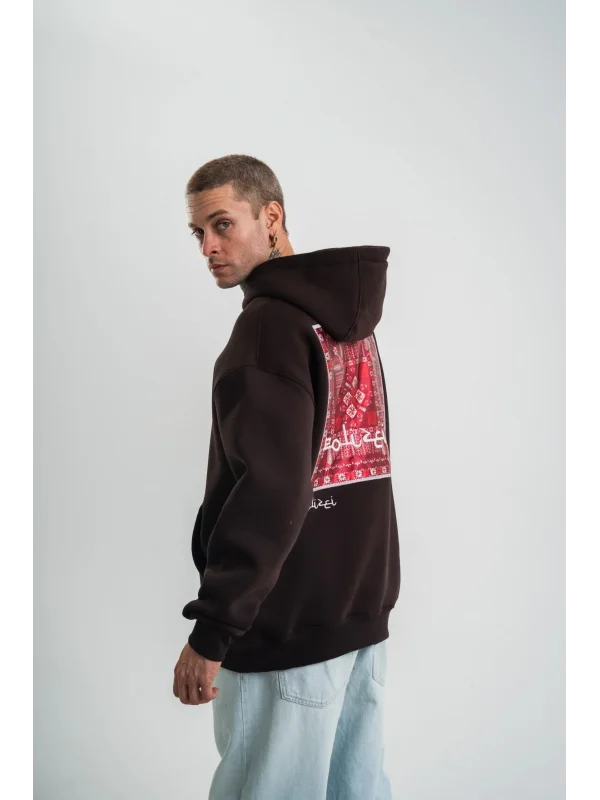 Erkek Premium Nakışlı Kapşonlu Sweatshirt Double Oversize Üç İplik Pamuklu - Siyah