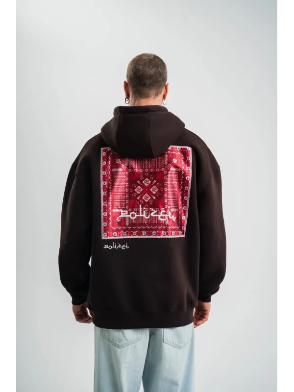 Erkek Premium Nakışlı Kapşonlu Sweatshirt Double Oversize Üç İplik Pamuklu - Siyah