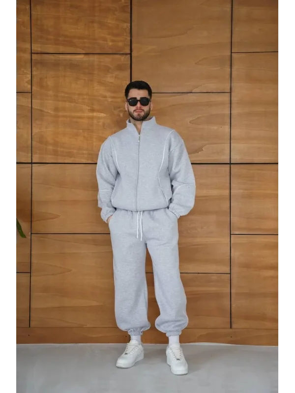 Erkek Premium Parçalı Eşofman Takım - Dik Yaka Fermuarlı Biyeli Sweatshirt Lastik Paça Alt, Oversize 3 iplik Şardonlu - Gri