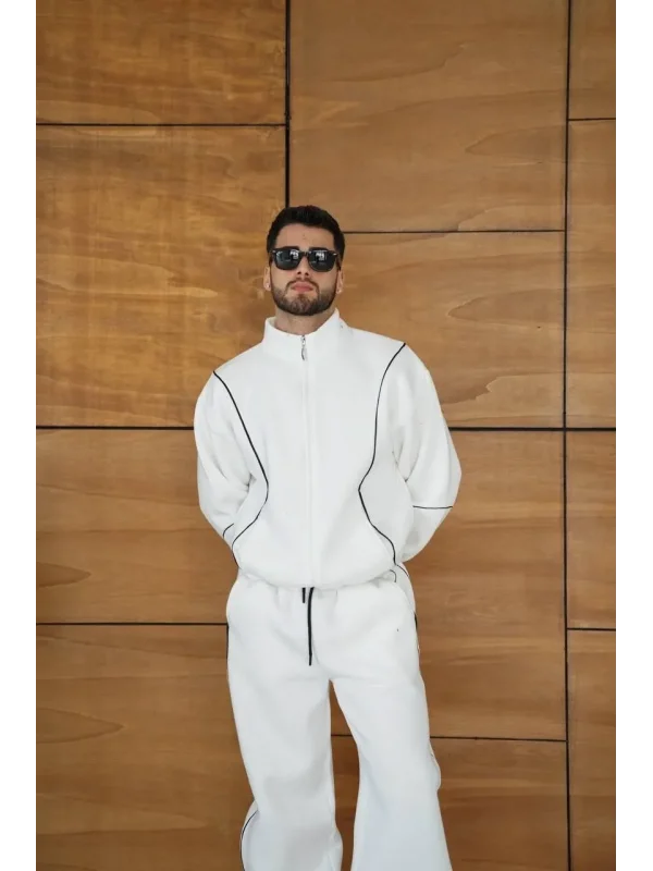 Erkek Premium Parçalı Eşofman Takım - Dik Yaka Fermuarlı Biyeli Sweatshirt Lastik Paça Alt, Oversize 3 iplik Şardonlu - Beyaz