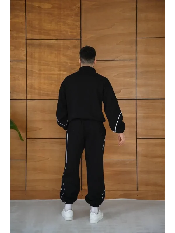 Erkek Premium Parçalı Eşofman Takım - Dik Yaka Fermuarlı Biyeli Sweatshirt Lastik Paça Alt, Oversize 3 iplik Şardonlu - Siyah