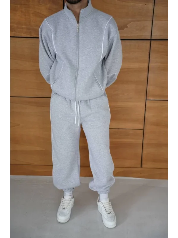 Erkek Premium Parçalı Eşofman Takım - Dik Yaka Fermuarlı Biyeli Sweatshirt Lastik Paça Alt, Oversize 3 iplik Şardonlu - Gri