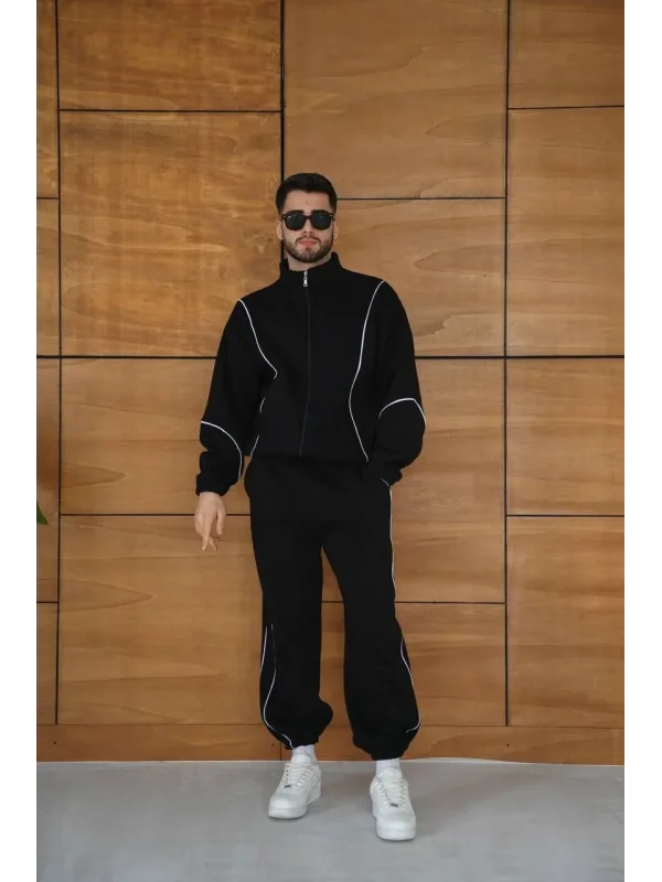 Erkek Premium Parçalı Eşofman Takım - Dik Yaka Fermuarlı Biyeli Sweatshirt Lastik Paça Alt, Oversize 3 iplik Şardonlu - Siyah