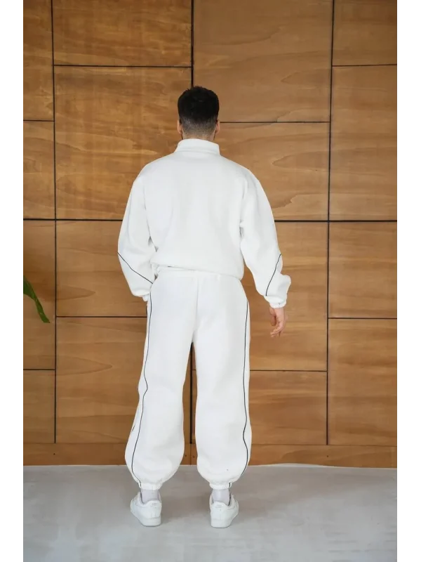 Erkek Premium Parçalı Eşofman Takım - Dik Yaka Fermuarlı Biyeli Sweatshirt Lastik Paça Alt, Oversize 3 iplik Şardonlu - Beyaz