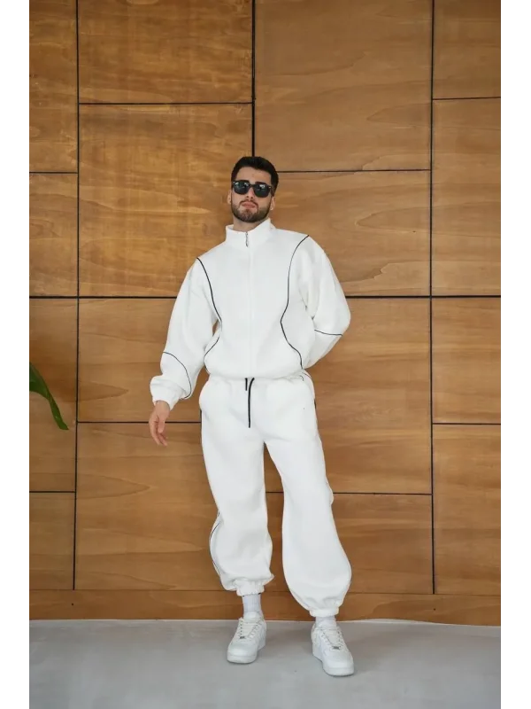 Erkek Premium Parçalı Eşofman Takım - Dik Yaka Fermuarlı Biyeli Sweatshirt Lastik Paça Alt, Oversize 3 iplik Şardonlu - Beyaz