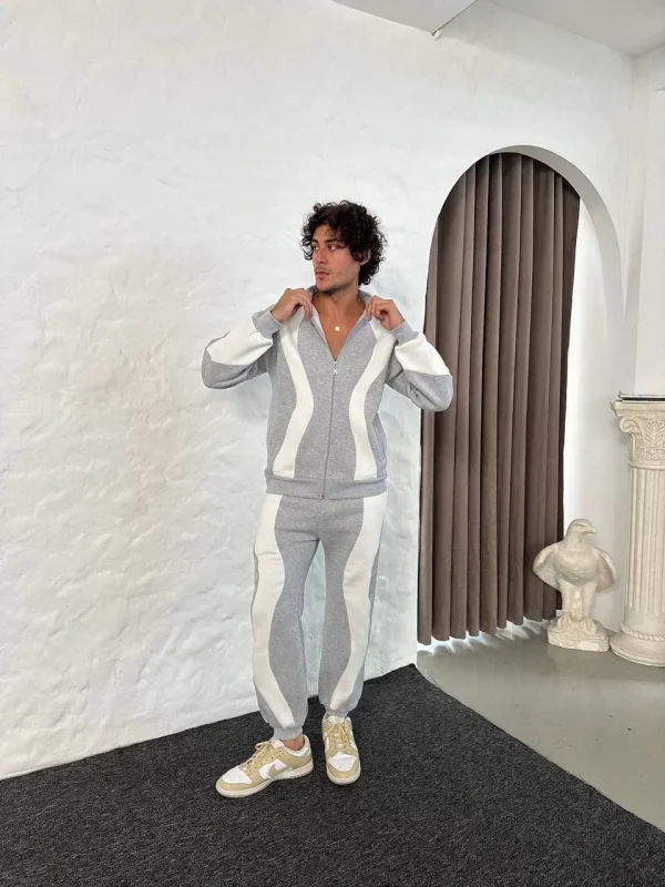 Erkek Premium Parçalı Eşofman Takım - Dik Yaka Fermuarlı Sweatshirt, - Gri